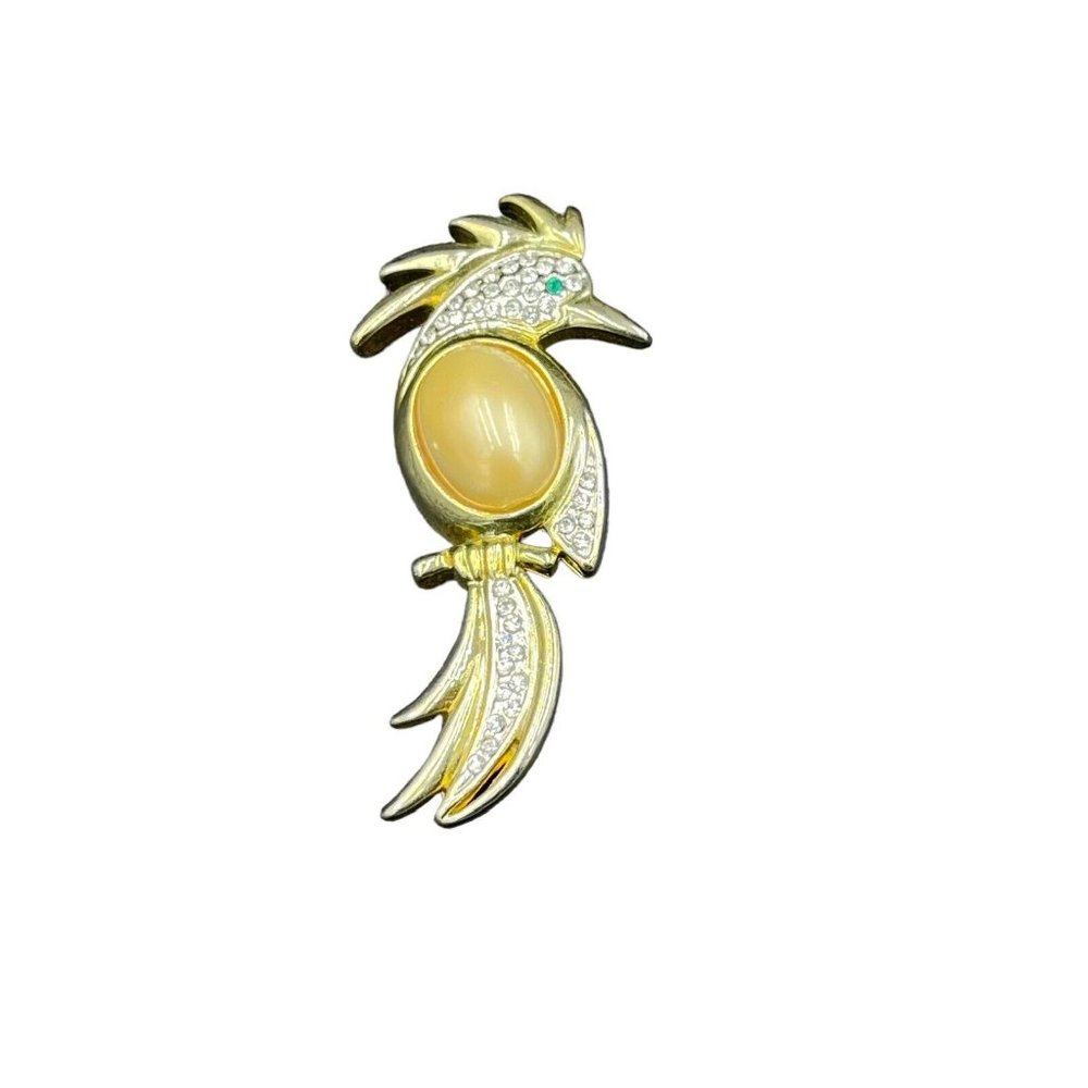 Vintage Faux Pearl Rhinestone Jelly Belly Style Bird Brooch Gold Tone 2.5”